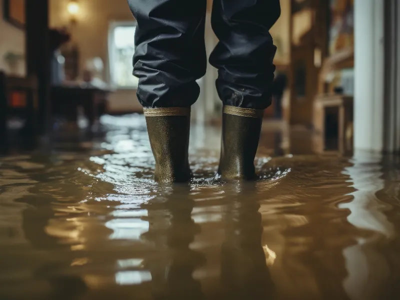 Person wearing boots standing in ankle-deep floodwater inside a building.