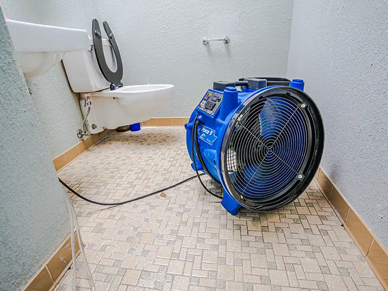Large blue industrial fan placed on tiled bathroom floor near a toilet with an open seat.