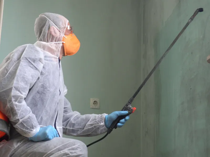 Person in protective suit and mask spraying disinfectant on a wall indoors.