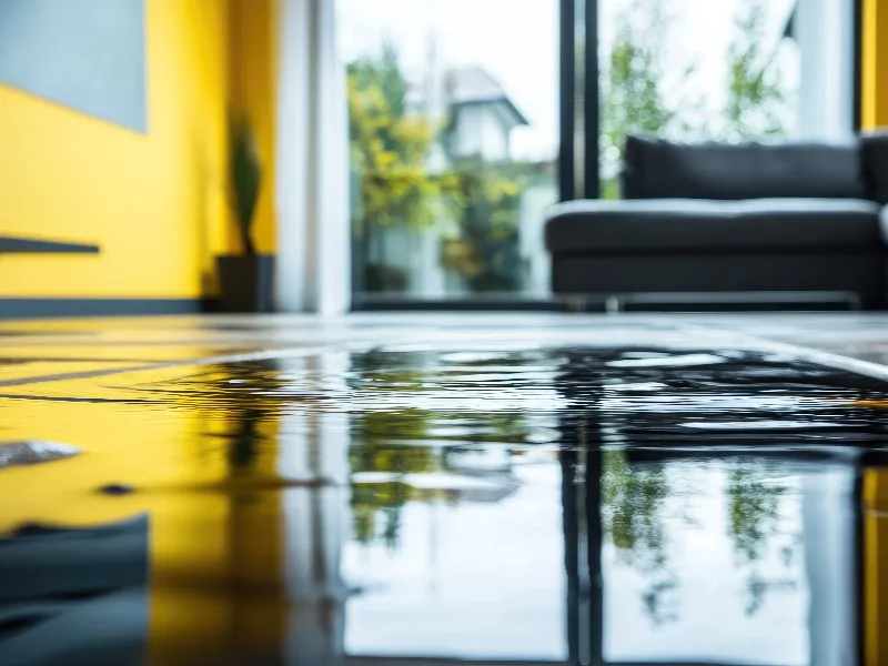 Water pooled on a tiled floor inside a room with a yellow wall and a black sofa near a glass door.